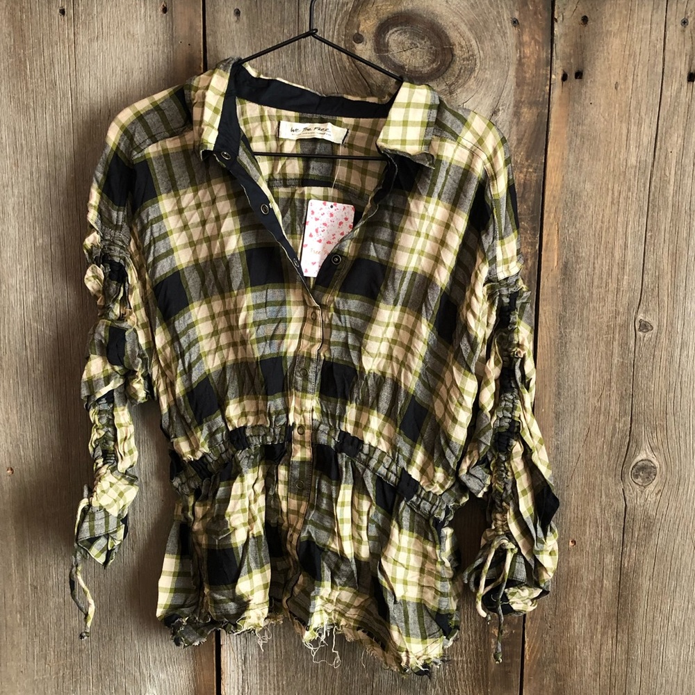 Free People Black Plaid Ruched Sleeve Pacific Dawn Shirt Button Down Medium